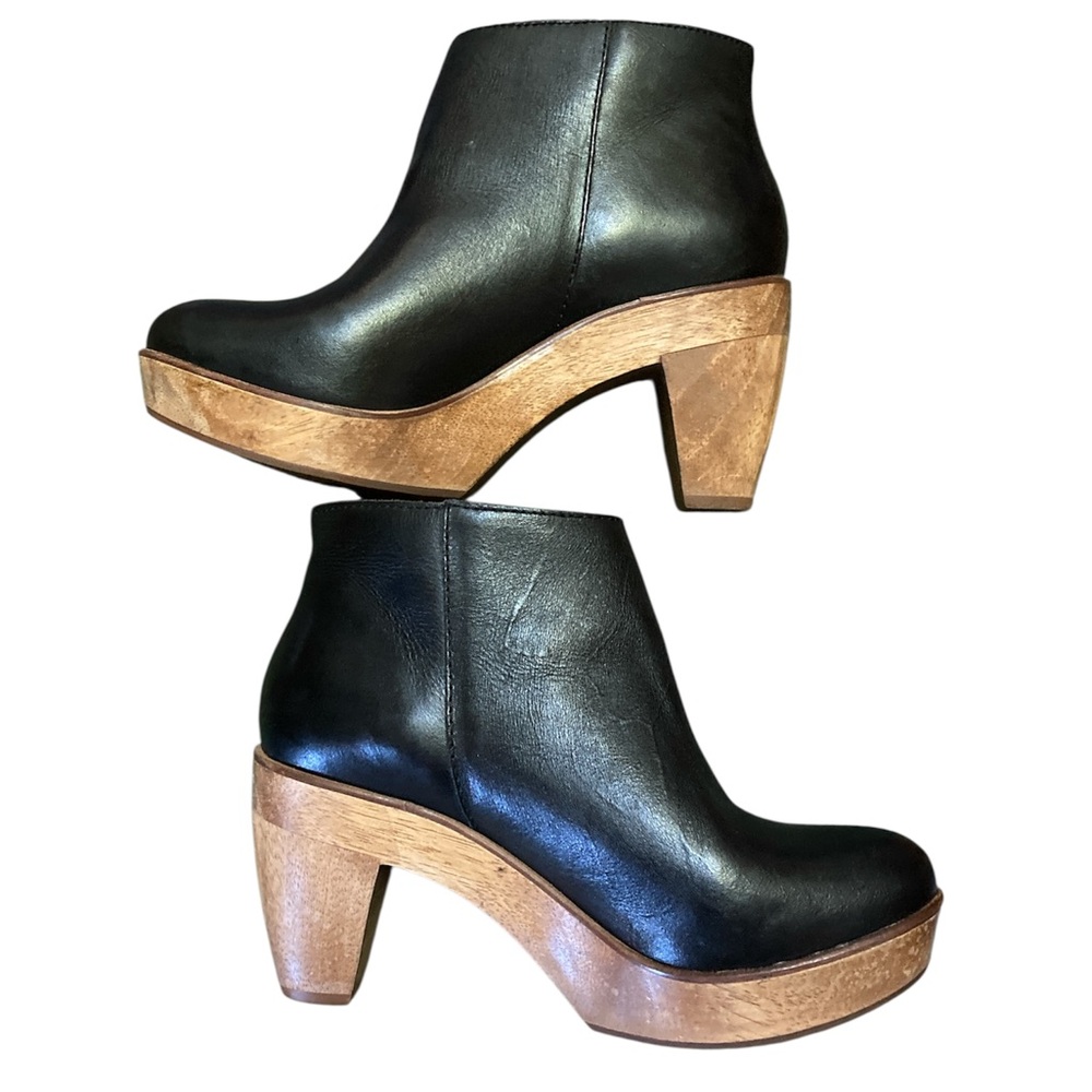 Kelsi Dagger Black Leather Ankle Booties with Wooden Heel